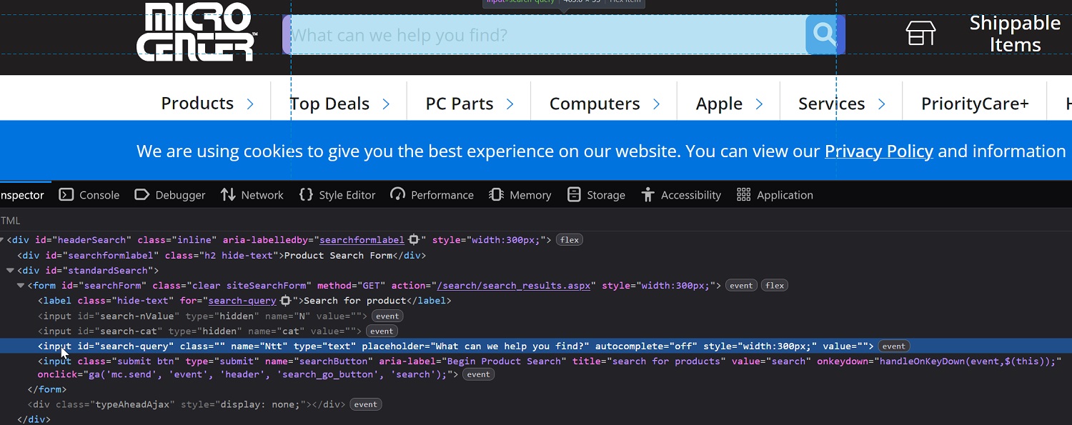 Microcenter search form with input and submit button