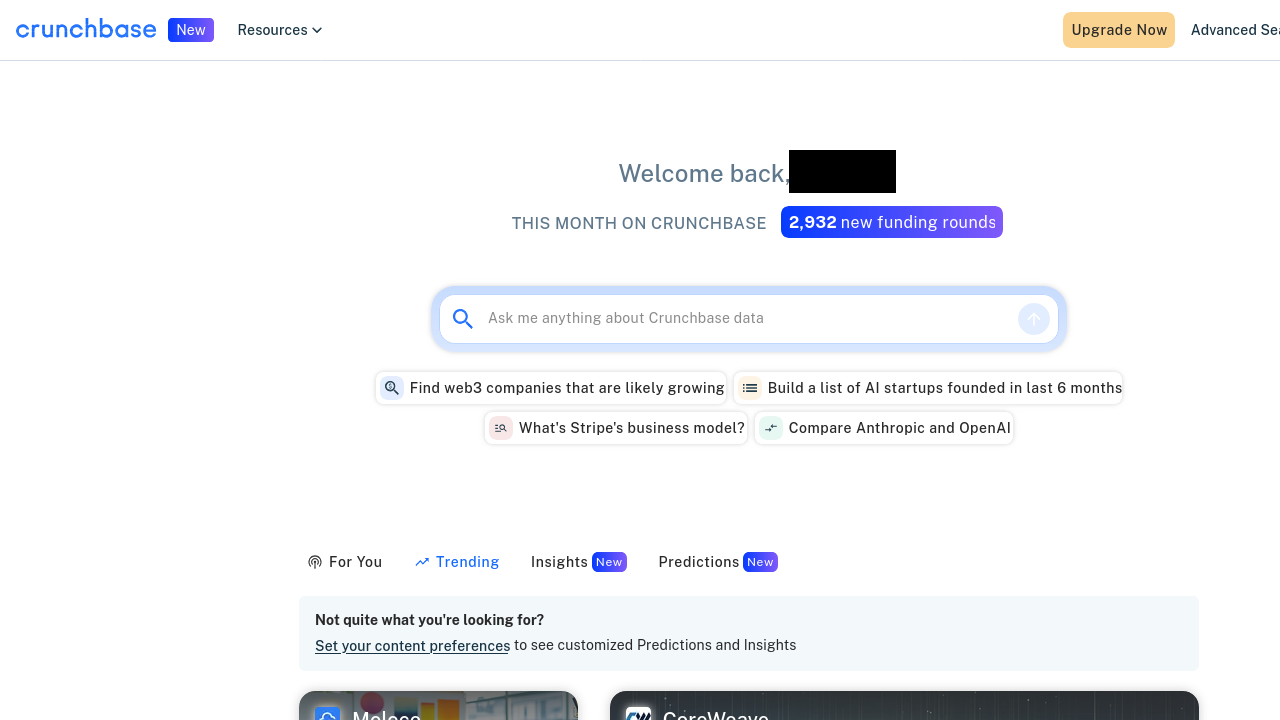 Crunchbase Home Page After Login