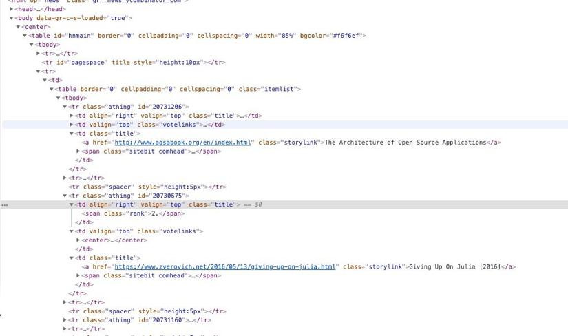 Using developer tools to inspect the CSS classes of Hacker News homepage