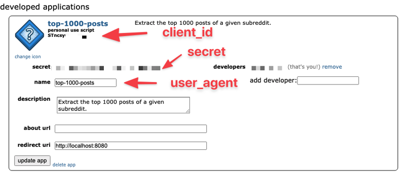 Reddit API application details for setting up PRAW, the Reddit API wrapper